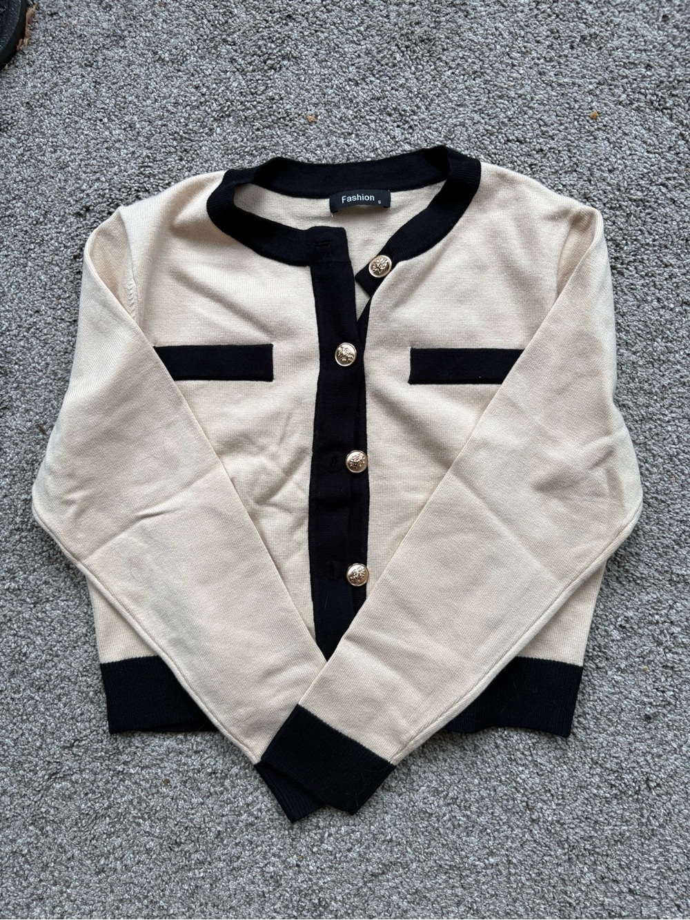 Matching Set Cream and Black Contrast Trim Sweater with Gold Buttons & Pants